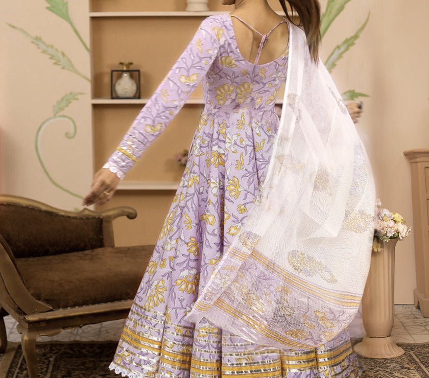 Divena Handblock Printed Lavender Anarkali Cotton Kurta With Trousers & Dupatta