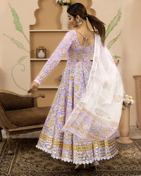 Divena Handblock Printed Lavender Anarkali Cotton Kurta With Trousers & Dupatta