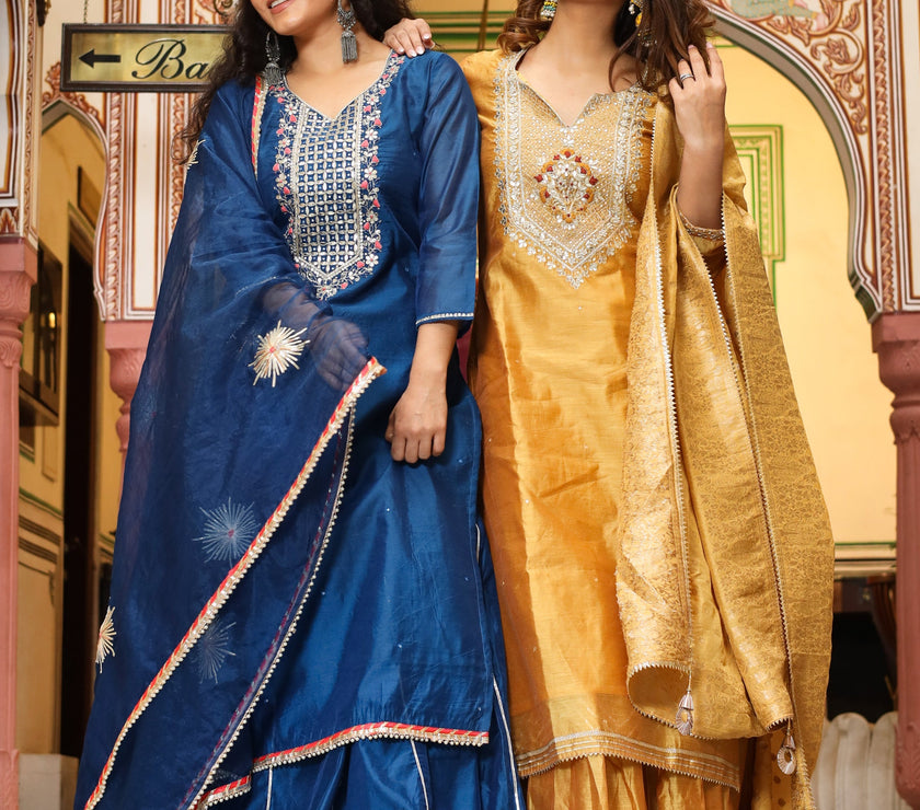 Divena Blue Solid Chenderi Kurta Skirt Set with Dupatta