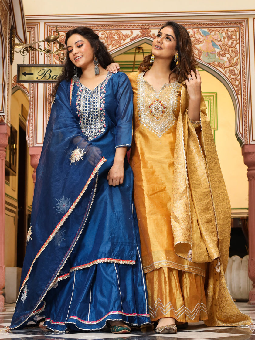 Divena Blue Solid Chenderi Kurta Skirt Set with Dupatta