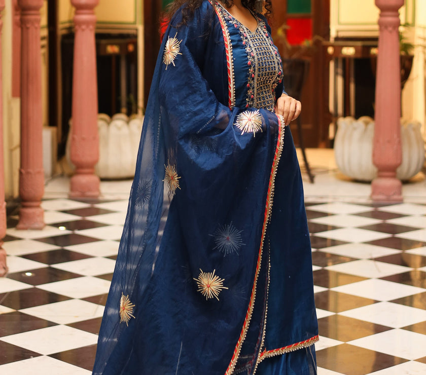 Divena Blue Solid Chenderi Kurta Skirt Set with Dupatta