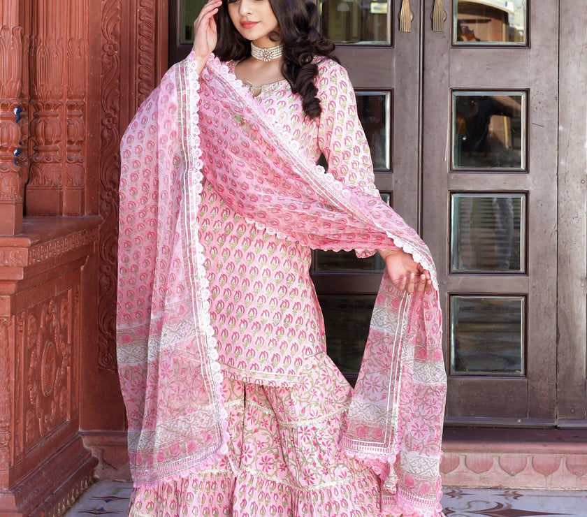 Divena Pink Floral Hand Block Printed Kurta Sharara Set with Dupatta - divena world