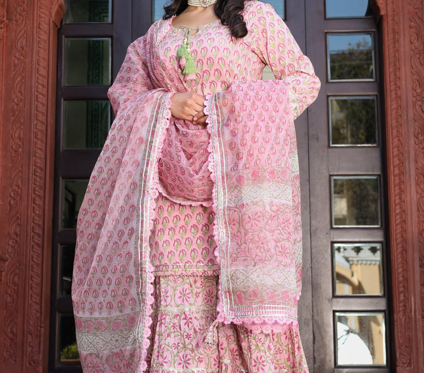 Divena Pink Floral Hand Block Printed Kurta Sharara Set with Dupatta - divena world