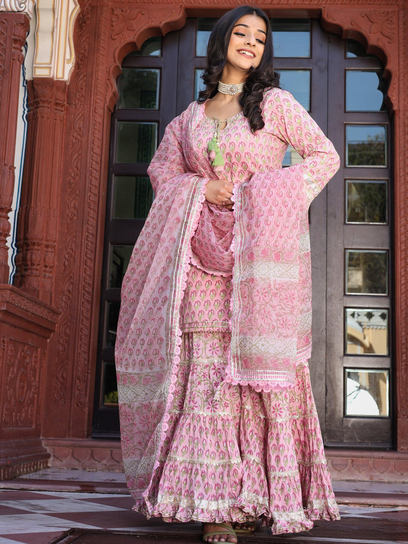 Divena Pink Floral Hand Block Printed Kurta Sharara Set with Dupatta - divena world