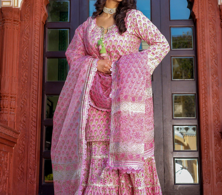 Divena Pink Floral Hand Block Printed Kurta Sharara Set with Dupatta - divena world