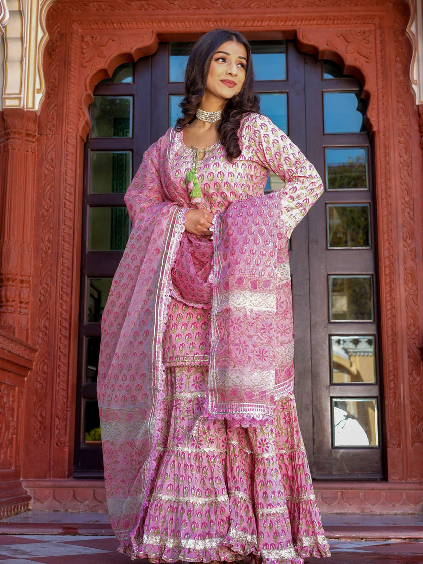 Divena Pink Floral Hand Block Printed Kurta Sharara Set with Dupatta - divena world