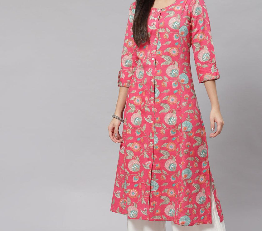 Divena Pink Floral Cotton Flex A-line Kurta - divena world