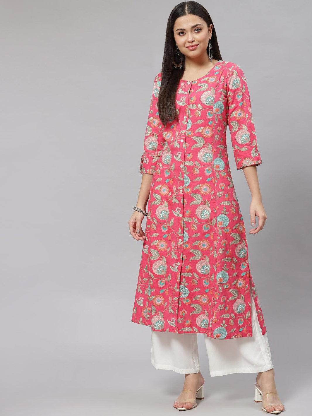 Divena Pink Floral Cotton Flex A-line Kurta - divena world