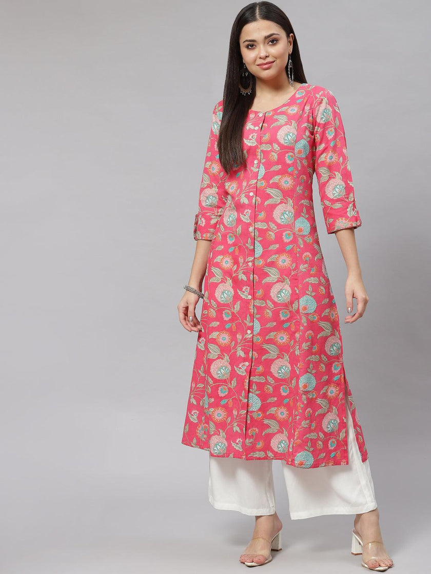 Divena Pink Floral Cotton Flex A-line Kurta - divena world