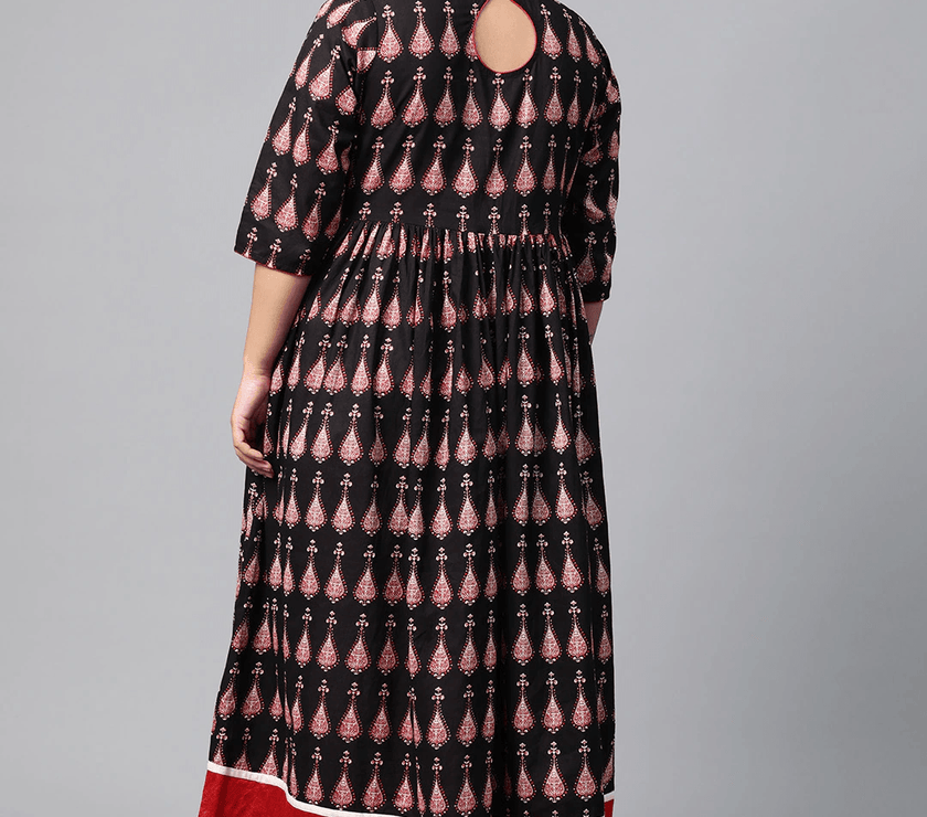 Plus Size Black Printed Cotton Floor Length Anarkali Kurta - divena world