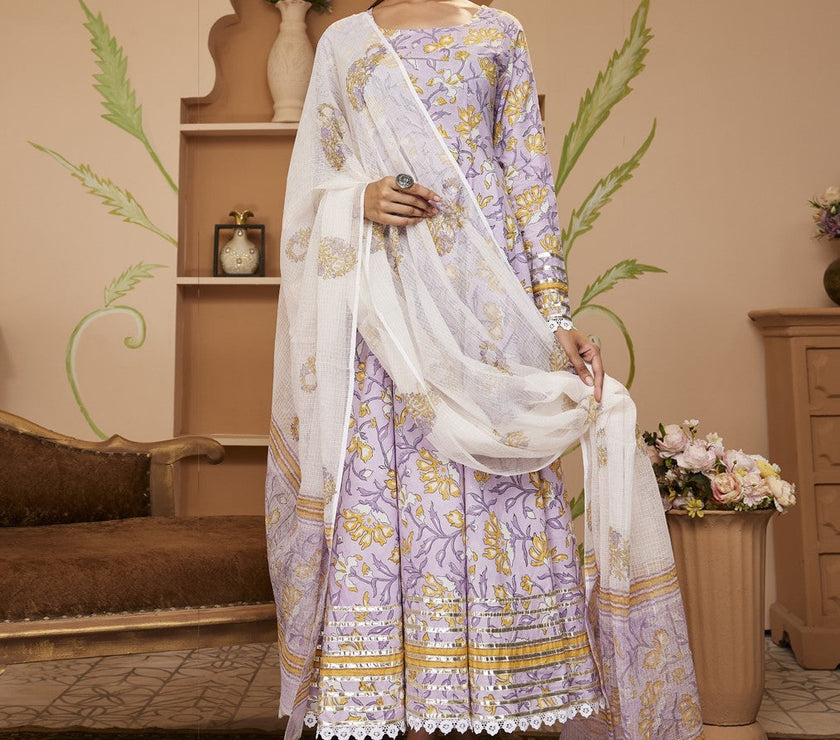 Divena Handblock Printed Lavender Anarkali Cotton Kurta With Trousers & Dupatta