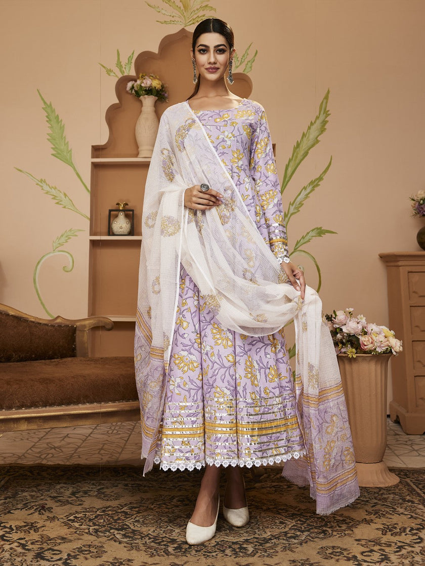 Divena Handblock Printed Lavender Anarkali Cotton Kurta With Trousers & Dupatta