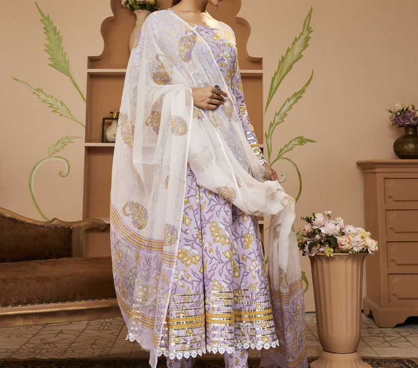 Divena Handblock Printed Lavender Anarkali Cotton Kurta With Trousers & Dupatta