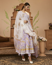 Divena Handblock Printed Lavender Anarkali Cotton Kurta With Trousers & Dupatta