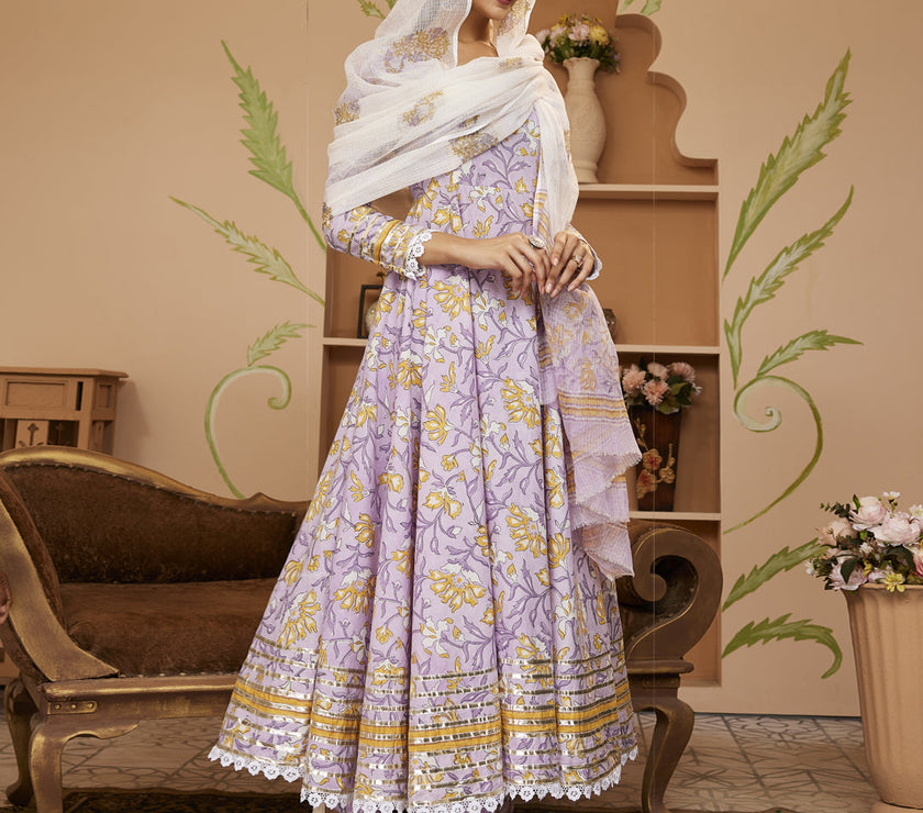 Divena Handblock Printed Lavender Anarkali Cotton Kurta With Trousers & Dupatta