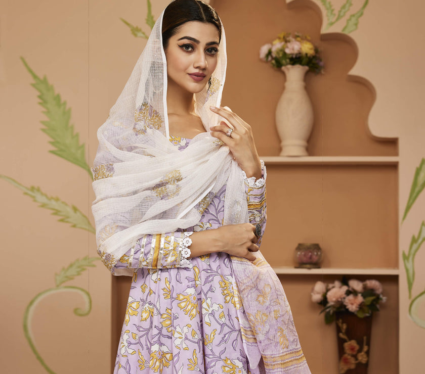 Divena Handblock Printed Lavender Anarkali Cotton Kurta With Trousers & Dupatta