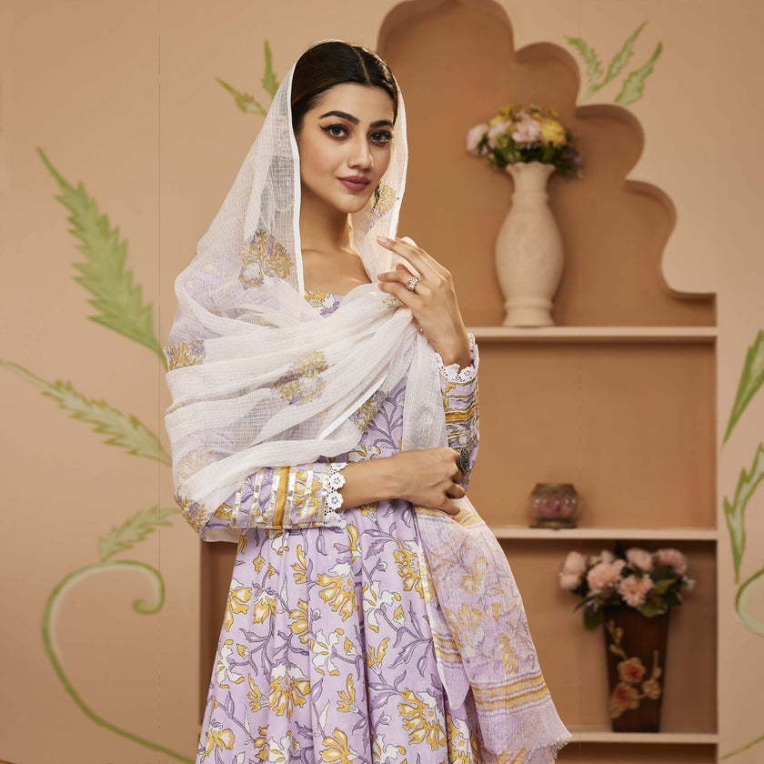 Divena Handblock Printed Lavender Anarkali Cotton Kurta With Trousers & Dupatta