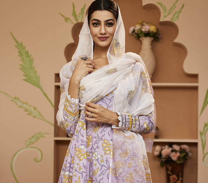 Divena Handblock Printed Lavender Anarkali Cotton Kurta With Trousers & Dupatta