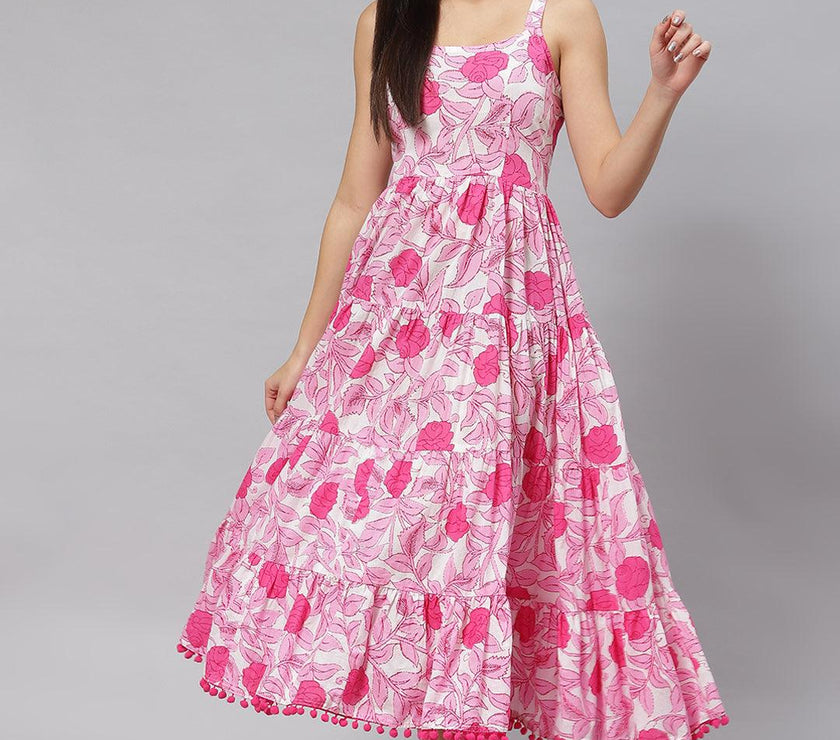 Divena white & Pink Floral Shoulder Strip Long Dress - divena world