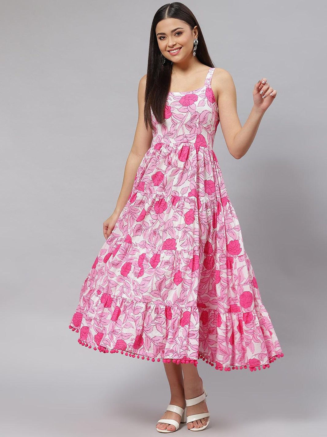 Divena white & Pink Floral Shoulder Strip Long Dress - divena world