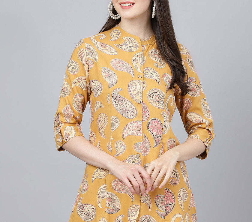 Divena Mastard Yellow Print Mandarin Collar Roll-Up Sleeves Shirt Style Top