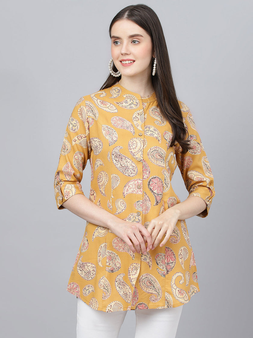 Divena Mastard Yellow Print Mandarin Collar Roll-Up Sleeves Shirt Style Top