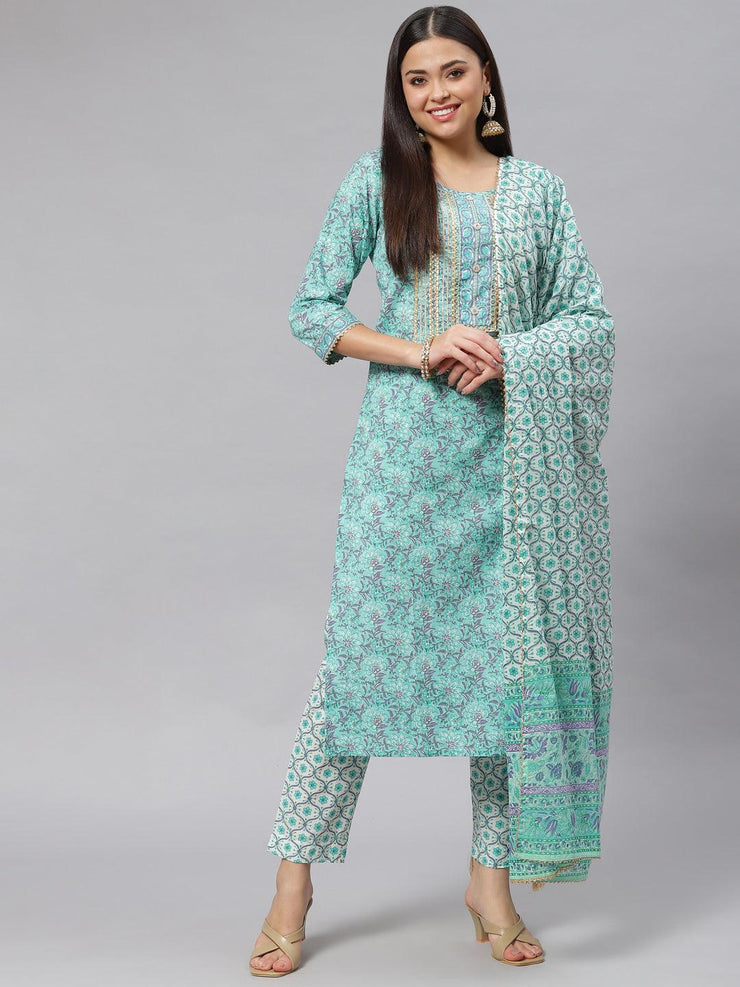 Divena Seagreen Cotton kurta Pant set with Dupatta - divena world