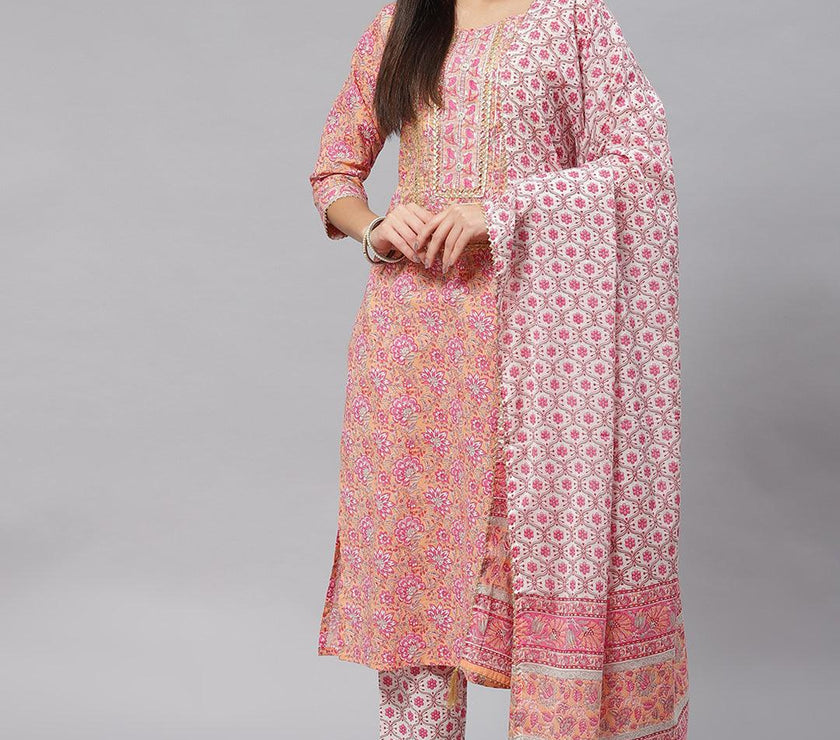 Divena Pink Cotton kurta Pant set with Dupatta - divena world