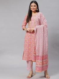 Divena Pink Cotton kurta Pant set with Dupatta - divena world