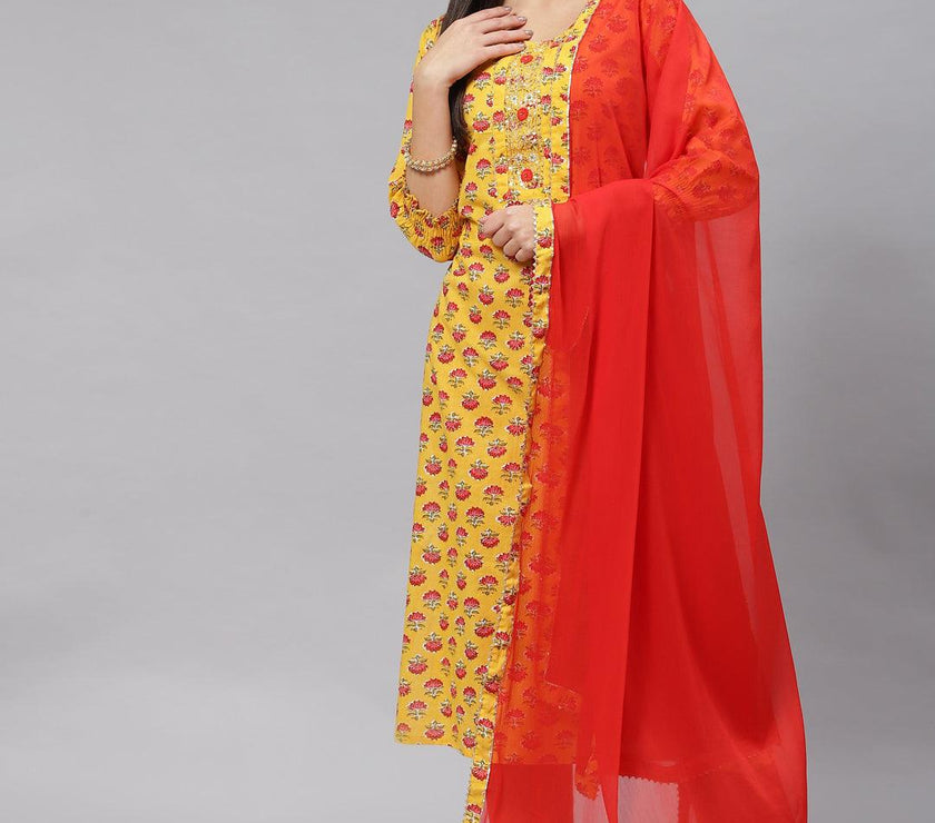 Divena Yellow Floral Cotton Kurta Pant Set with Dupatta - divena world