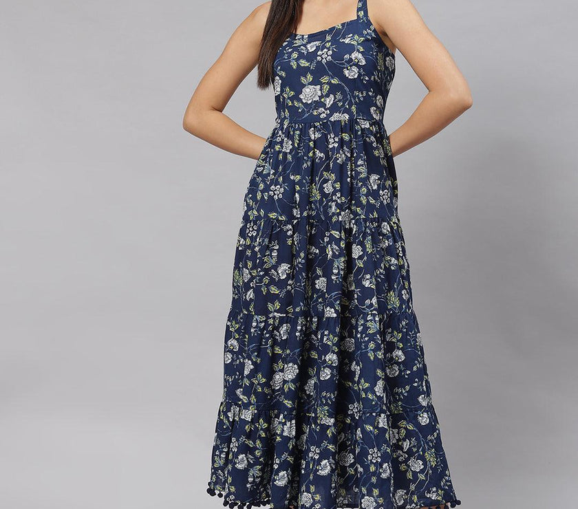 Divena Blue Floral Shoulder Strip Long Dress - divena world