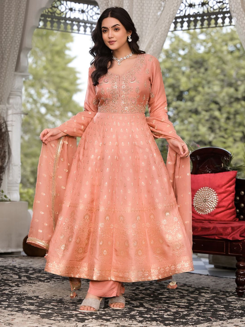 Divena Peach Zardozi Work Banarsi Rusian Silk Kurta Set with Banarsi Organza Dupatta