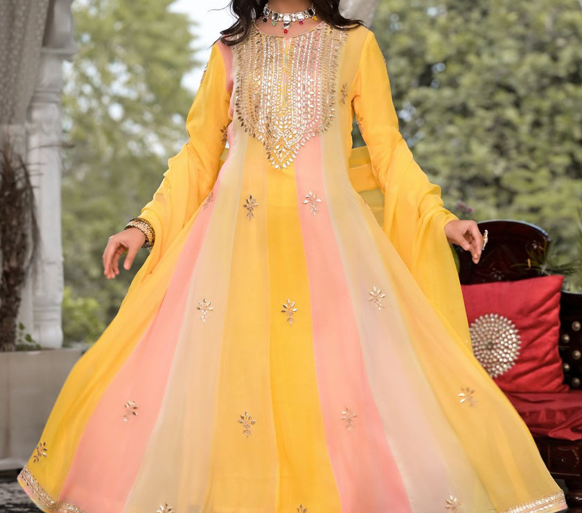 Divena Yellow Gota Patti Embroidered Banarsi Georgette Kurta Set with Organza Dupatta