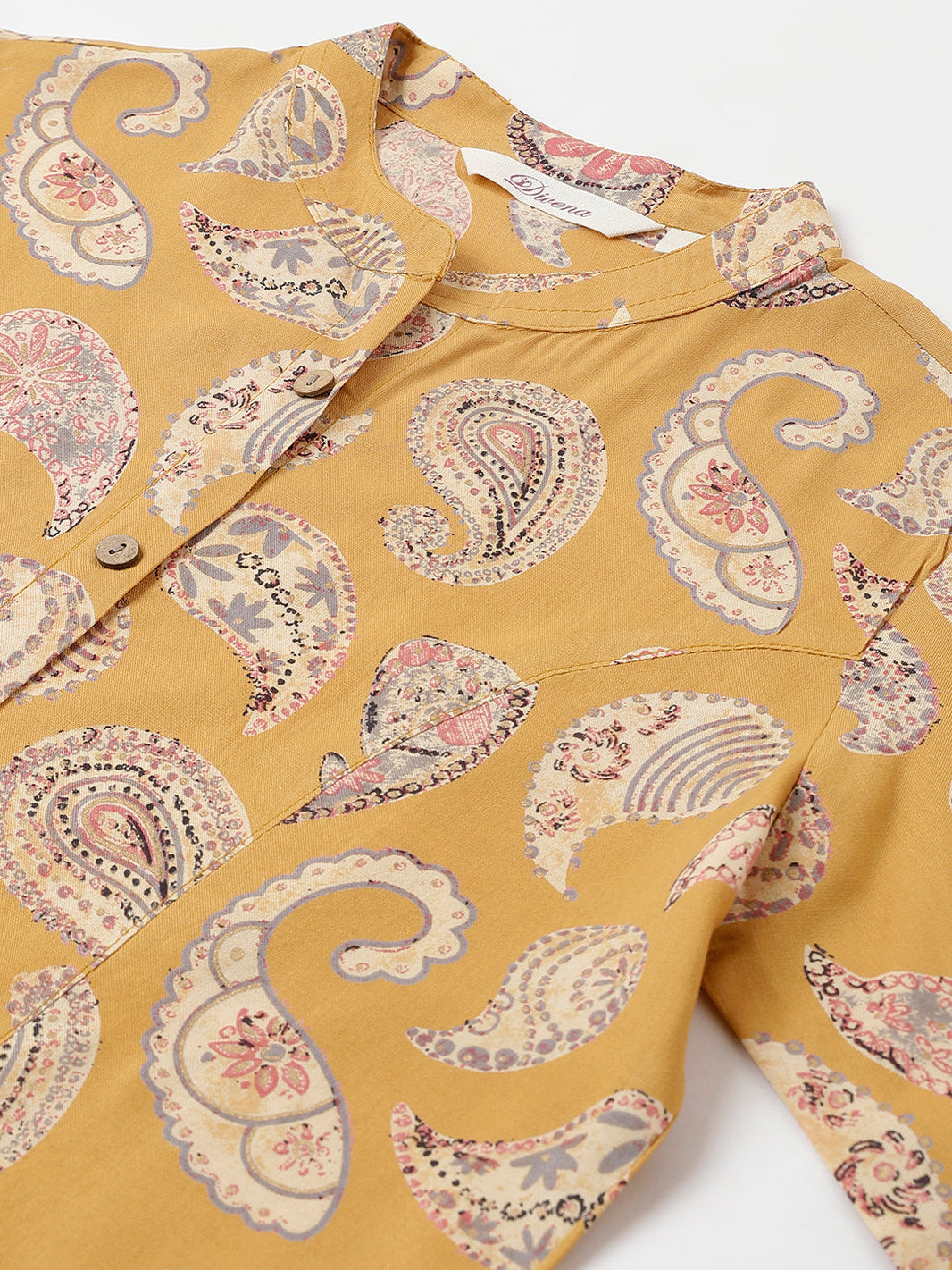 Divena Mastard Yellow Print Mandarin Collar Roll-Up Sleeves Shirt Style Top