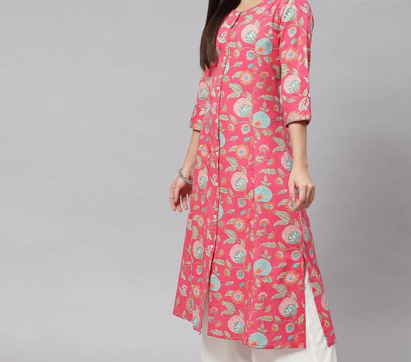 Divena Pink Floral Cotton Flex A-line Kurta - divena world