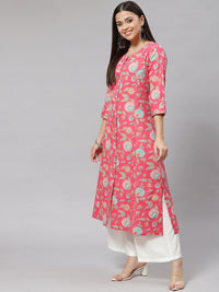 Divena Pink Floral Cotton Flex A-line Kurta - divena world