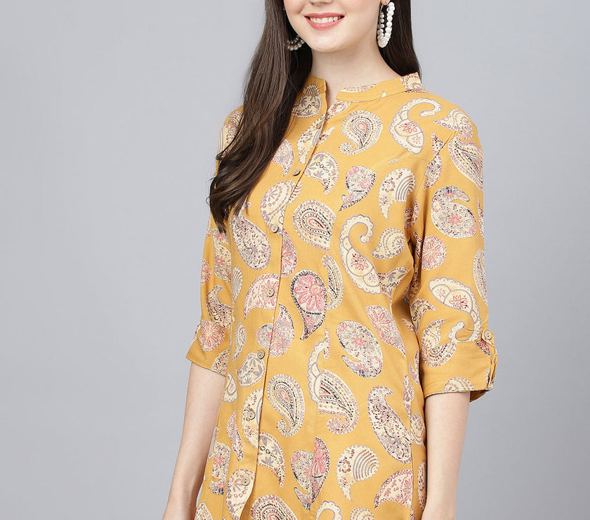 Divena Mastard Yellow Print Mandarin Collar Roll-Up Sleeves Shirt Style Top