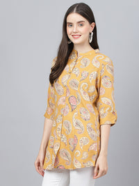 Divena Mastard Yellow Print Mandarin Collar Roll-Up Sleeves Shirt Style Top