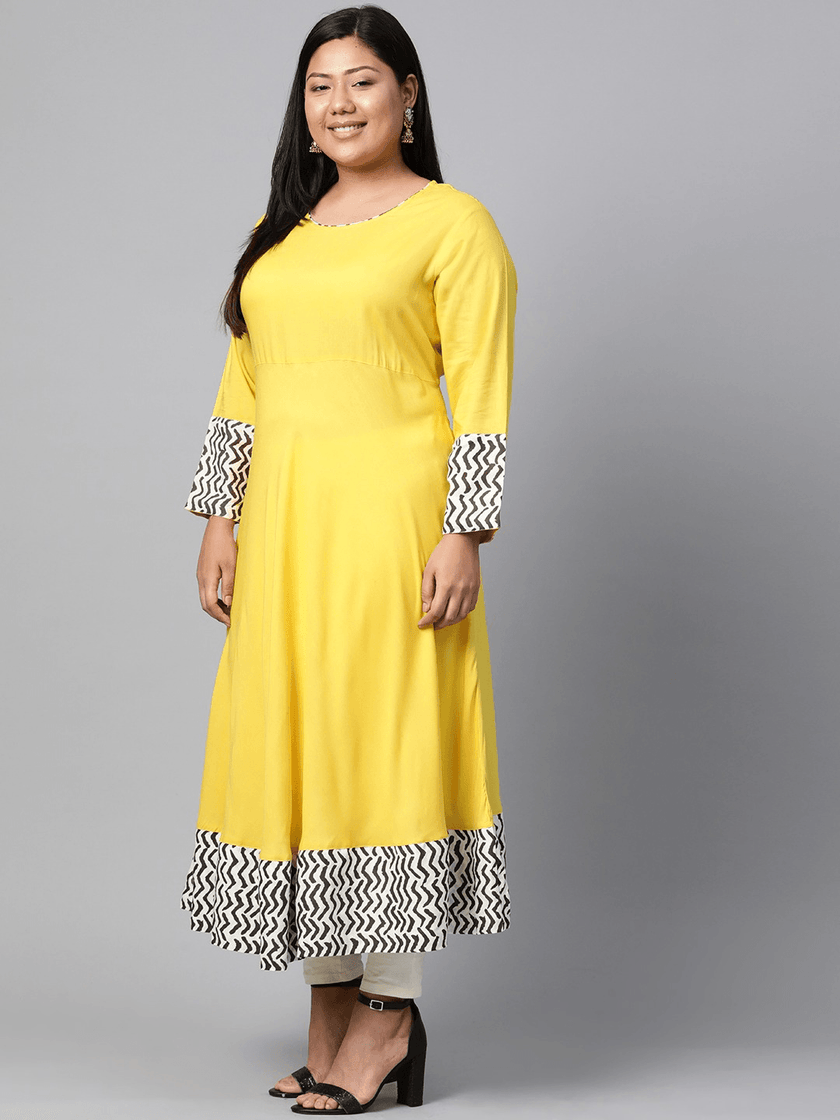 Plus Size Solid Mustard Yellow Rayon Anarkali - divena world