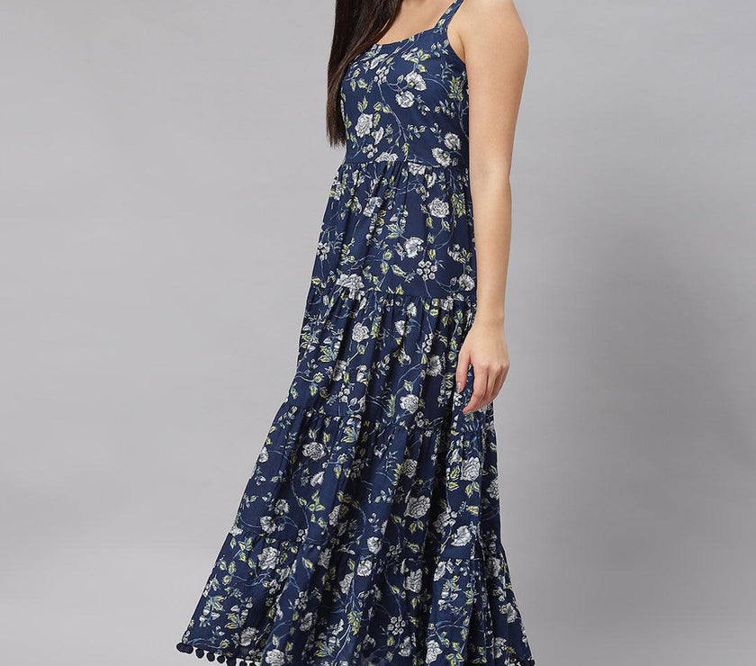 Divena Blue Floral Shoulder Strip Long Dress - divena world