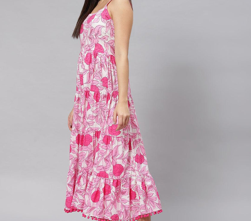 Divena white & Pink Floral Shoulder Strip Long Dress - divena world