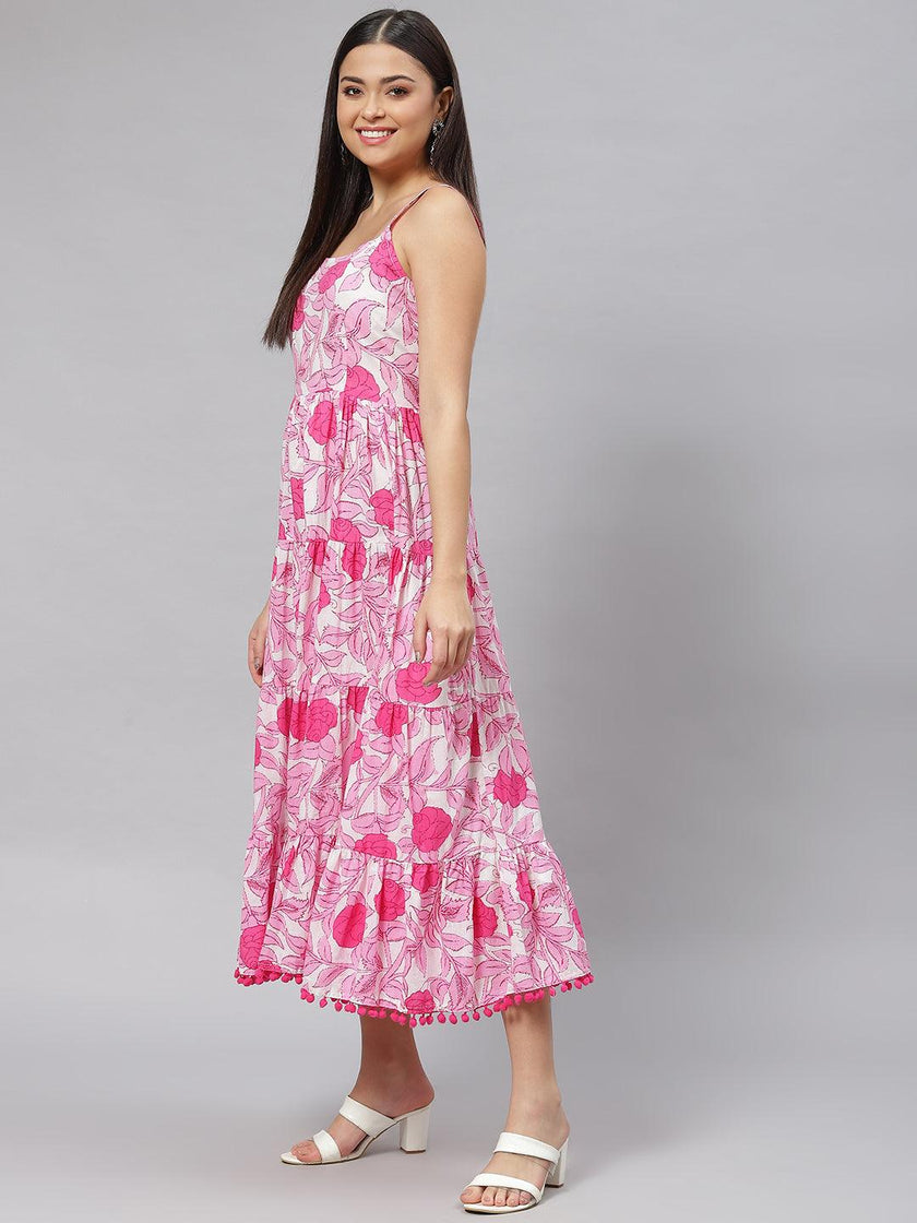 Divena white & Pink Floral Shoulder Strip Long Dress - divena world