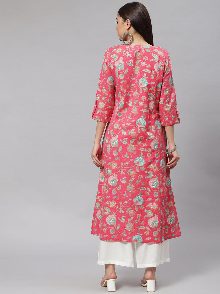 Divena Pink Floral Cotton Flex A-line Kurta - divena world