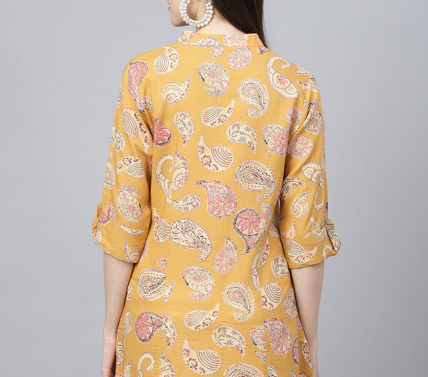 Divena Mastard Yellow Print Mandarin Collar Roll-Up Sleeves Shirt Style Top