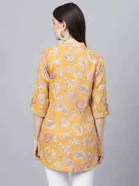 Divena Mastard Yellow Print Mandarin Collar Roll-Up Sleeves Shirt Style Top