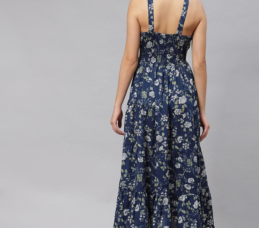 Divena Blue Floral Shoulder Strip Long Dress - divena world