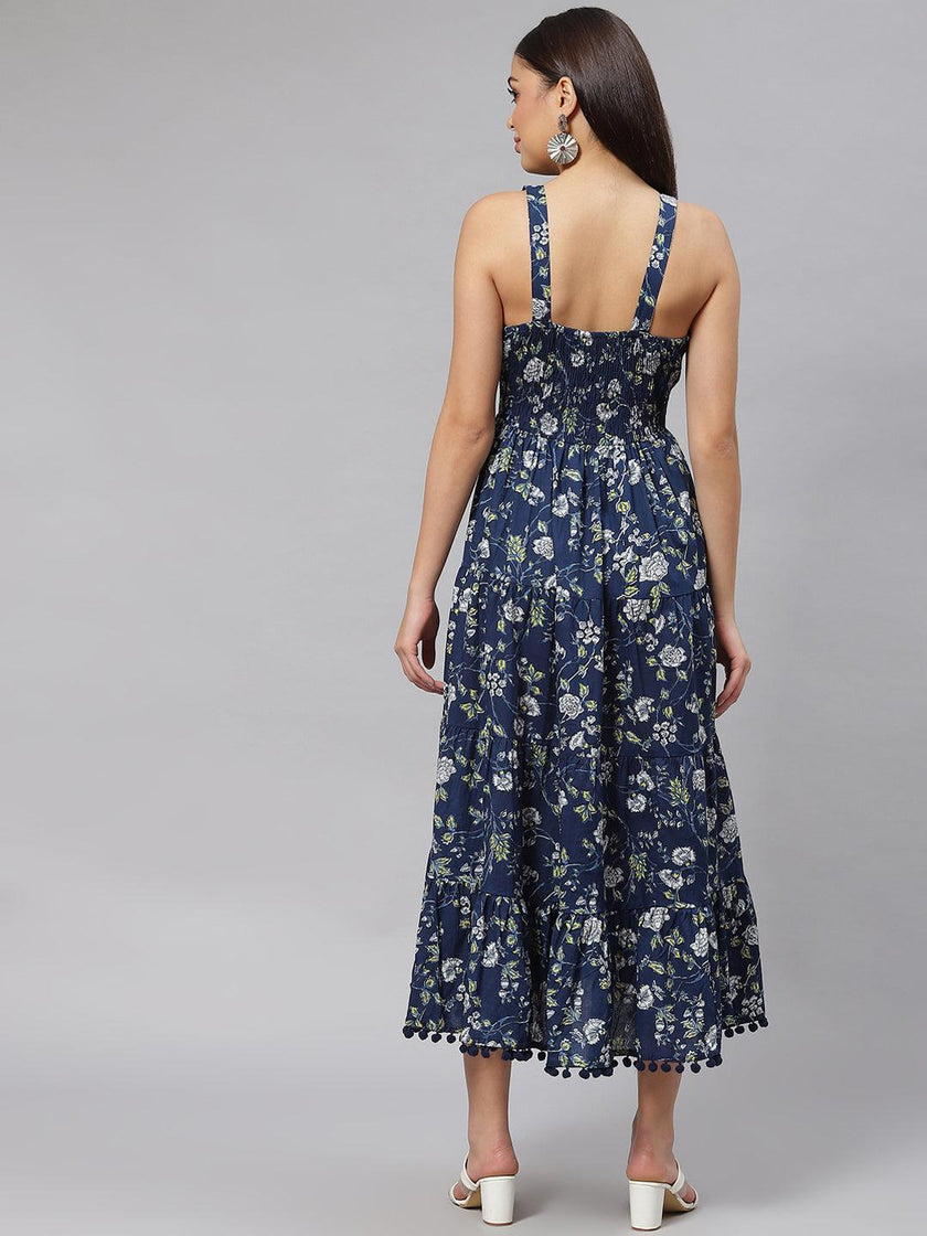 Divena Blue Floral Shoulder Strip Long Dress - divena world