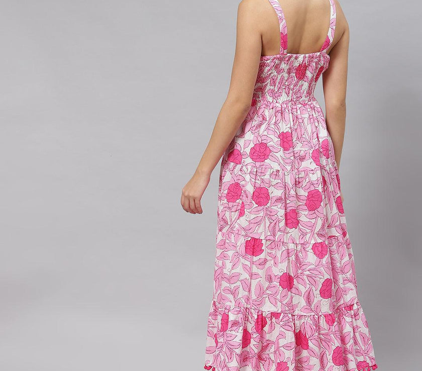 Divena white & Pink Floral Shoulder Strip Long Dress - divena world