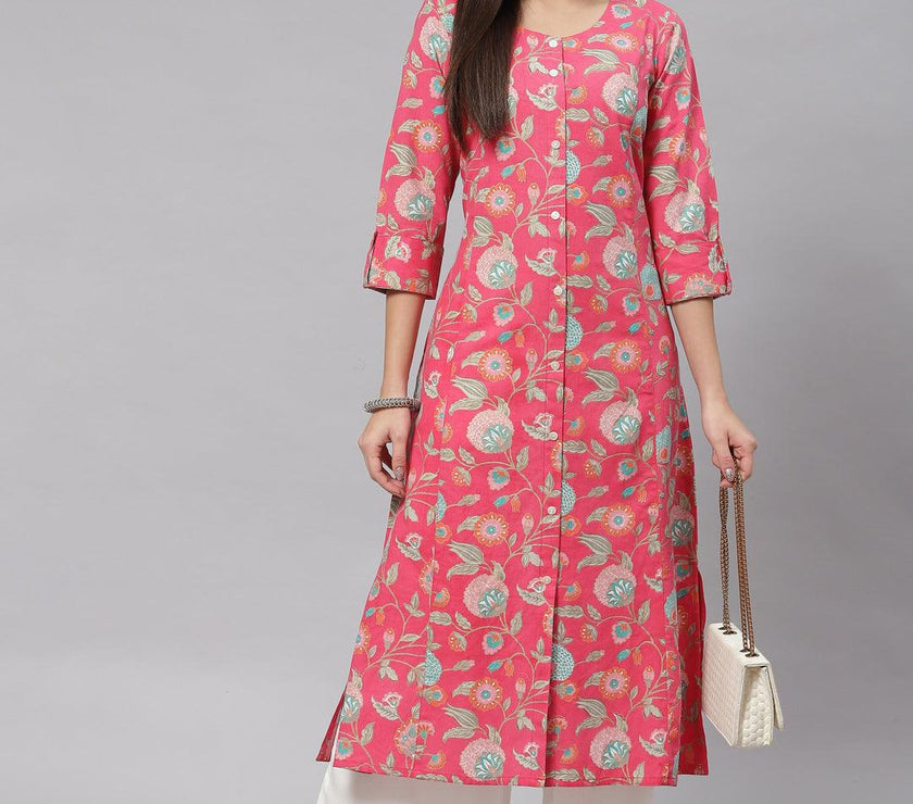 Divena Pink Floral Cotton Flex A-line Kurta - divena world