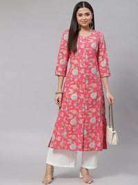 Divena Pink Floral Cotton Flex A-line Kurta - divena world